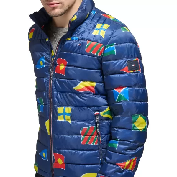 Tommy Hilfiger Mens Ultra Loft Lightweight Packable Puffer Jacket Standard and Big  TallNavy Flag Print