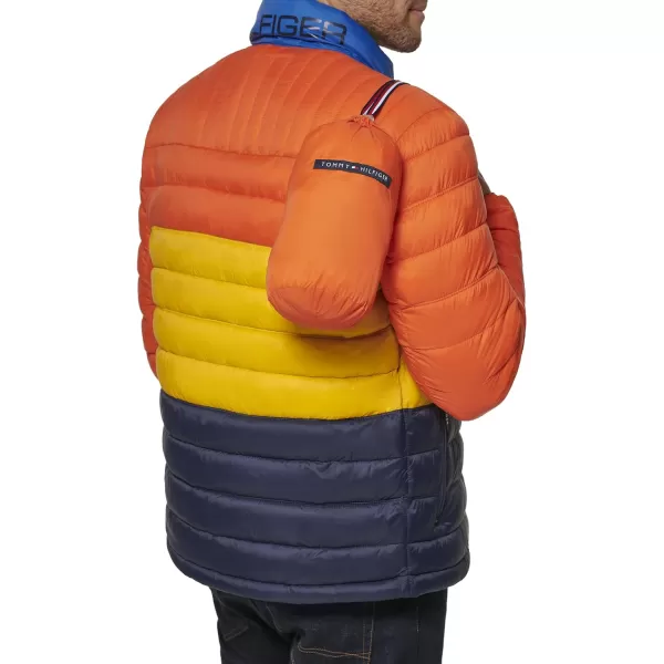 Tommy Hilfiger Mens Ultra Loft Lightweight Packable Puffer Jacket Standard and Big  TallOrangeYellowMidnight Colorblock