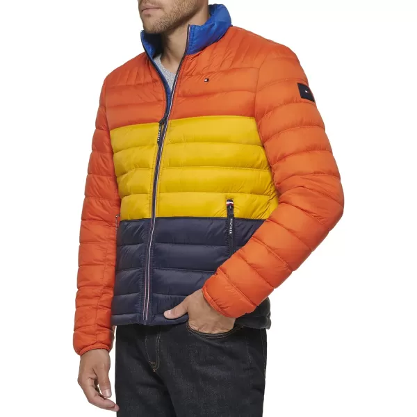 Tommy Hilfiger Mens Ultra Loft Lightweight Packable Puffer Jacket Standard and Big  TallOrangeYellowMidnight Colorblock