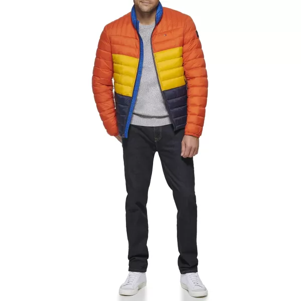 Tommy Hilfiger Mens Ultra Loft Lightweight Packable Puffer Jacket Standard and Big  TallOrangeYellowMidnight Colorblock