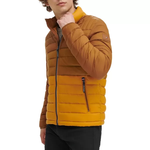 Tommy Hilfiger Mens Ultra Loft Lightweight Packable Puffer Jacket Standard and Big  TallTanBrown Colorblock