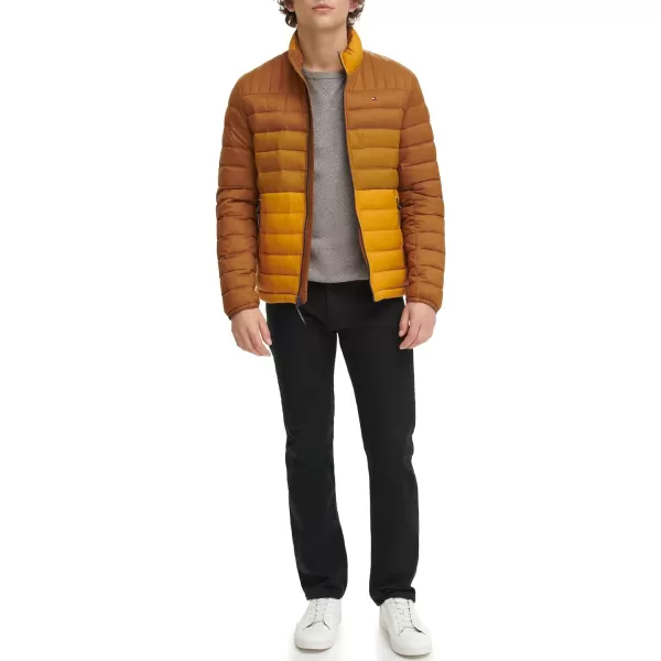 Tommy Hilfiger Mens Ultra Loft Lightweight Packable Puffer Jacket Standard and Big  TallTanBrown Colorblock