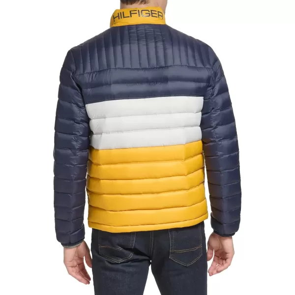 Tommy Hilfiger Mens Ultra Loft Lightweight Packable Puffer Jacket Standard and Big  TallYellowNavy Colorblock