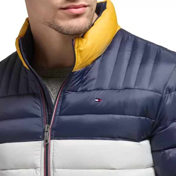 Tommy Hilfiger Mens Ultra Loft Lightweight Packable Puffer Jacket Standard and Big  TallYellowNavy Colorblock