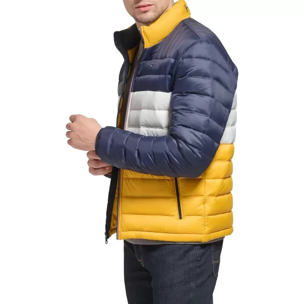 Tommy Hilfiger Mens Ultra Loft Lightweight Packable Puffer Jacket Standard and Big  TallYellowNavy Colorblock