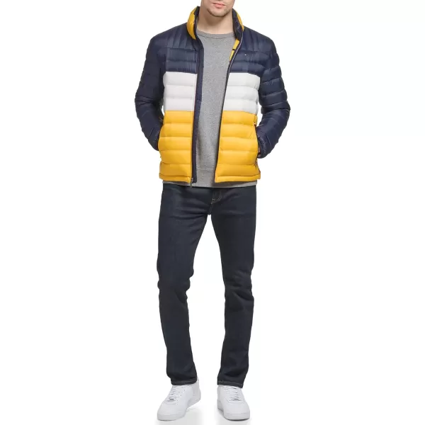 Tommy Hilfiger Mens Ultra Loft Lightweight Packable Puffer Jacket Standard and Big  TallYellowNavy Colorblock