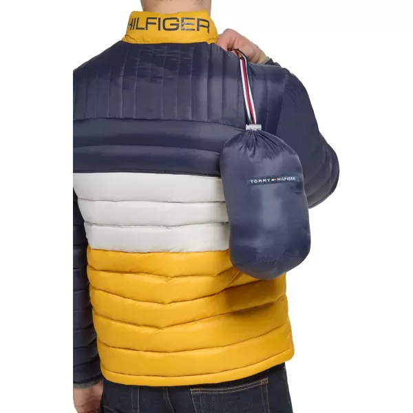 Tommy Hilfiger Mens Ultra Loft Lightweight Packable Puffer Jacket Standard and Big  TallYellowNavy Colorblock