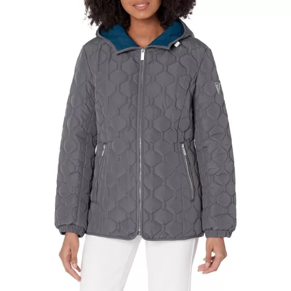 GUESS Womens LightWeight Short Hooded Quilt JacketNickel