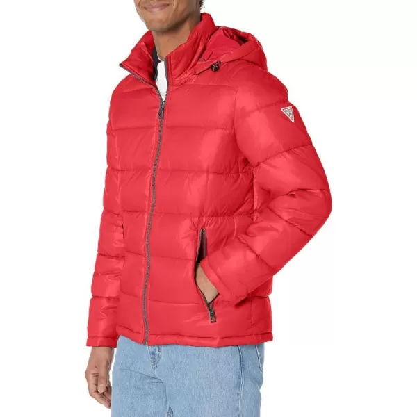 GUESS mens Midweight Puffer Jacket With Removable HoodCrimson