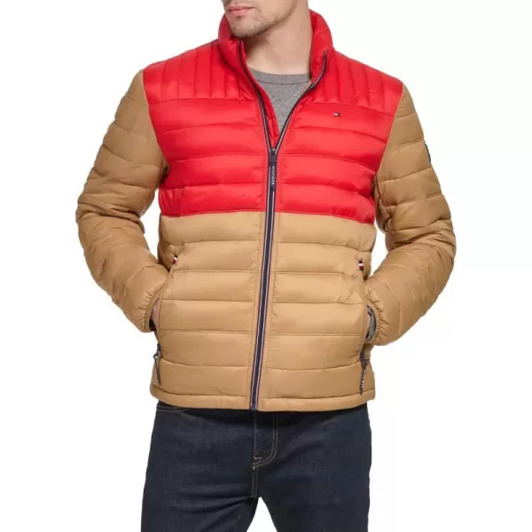 Tommy Hilfiger Mens Ultra Loft Lightweight Packable Puffer Jacket Standard and Big  TallKhakiRed Colorblock