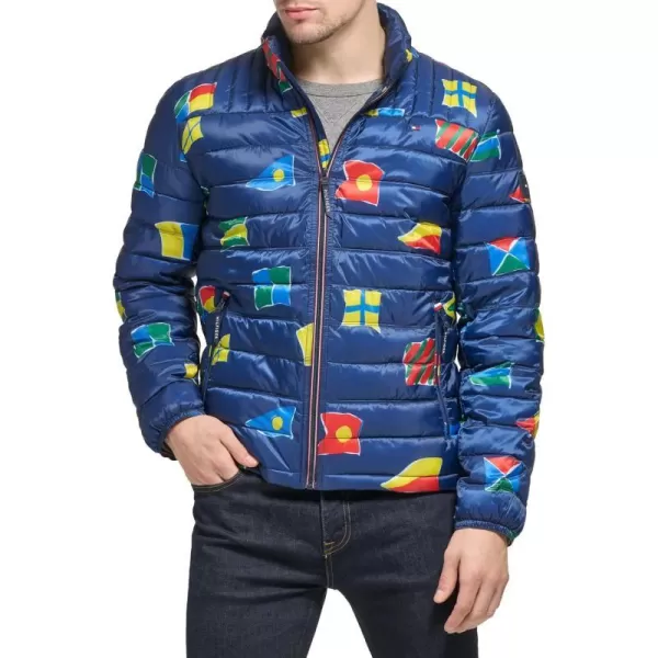 Tommy Hilfiger Mens Ultra Loft Lightweight Packable Puffer Jacket Standard and Big  TallNavy Flag Print