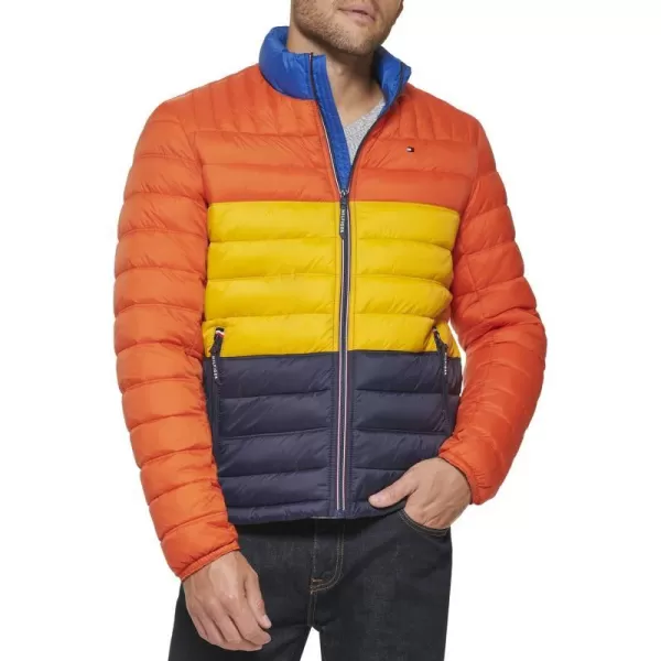 Tommy Hilfiger Mens Ultra Loft Lightweight Packable Puffer Jacket Standard and Big  TallOrangeYellowMidnight Colorblock