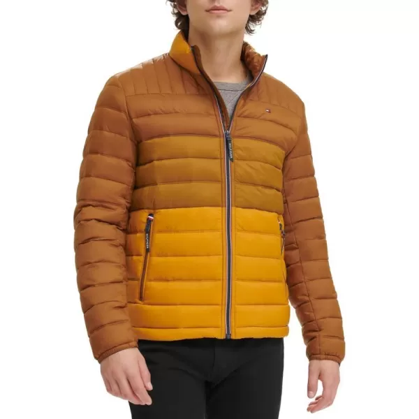 Tommy Hilfiger Mens Ultra Loft Lightweight Packable Puffer Jacket Standard and Big  TallTanBrown Colorblock