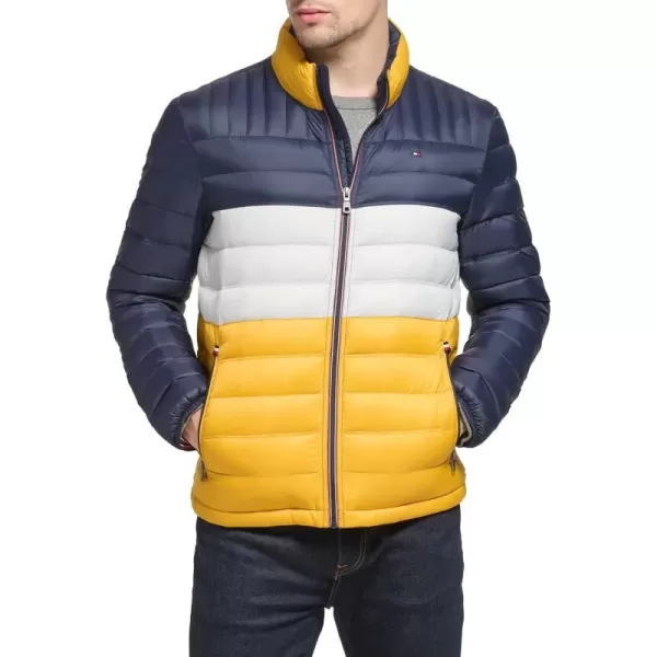 Tommy Hilfiger Mens Ultra Loft Lightweight Packable Puffer Jacket Standard and Big  TallYellowNavy Colorblock