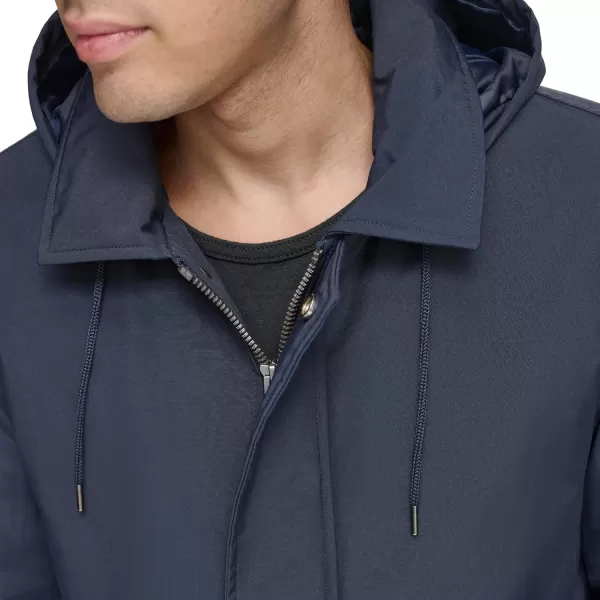 Andrew Marc Mens Mac Style Jacket with a Removable Hood and Back Vent Adjustable Cuff Tab with Snap ClosureInk