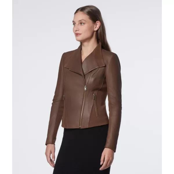 Andrew Marc Womens Lightweight Asymmetrical Leather JacketSepia