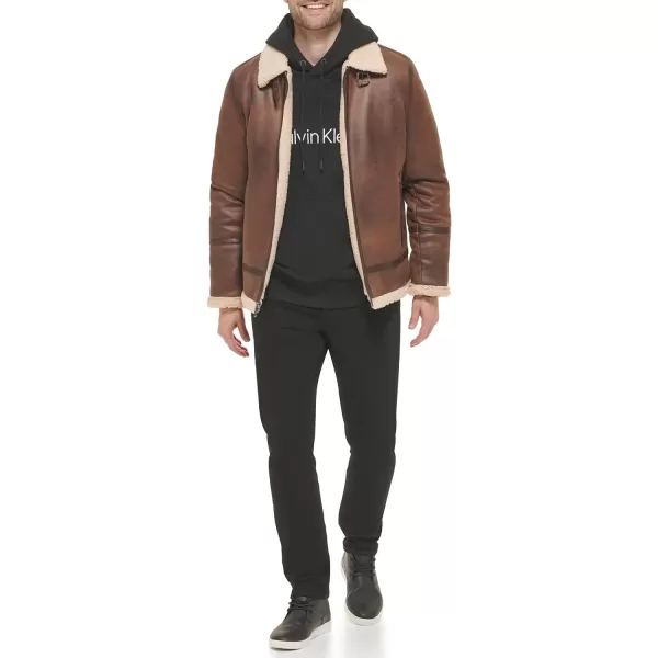 Calvin Klein Faux Leather MenBomber Jacket with Shearling LiningBrown