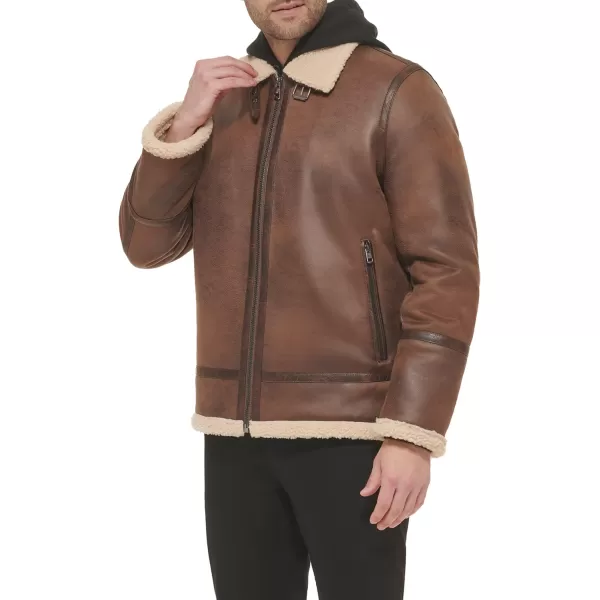 Calvin Klein Faux Leather MenBomber Jacket with Shearling LiningBrown