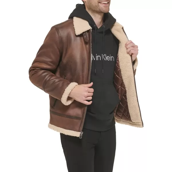 Calvin Klein Faux Leather MenBomber Jacket with Shearling LiningBrown