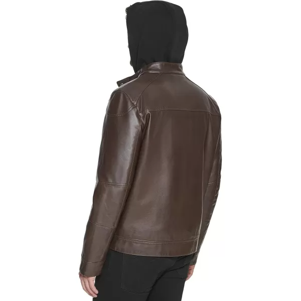 Calvin Klein Mens Faux Lamb Leather Moto Jacket with Removable Hood and BibBrown