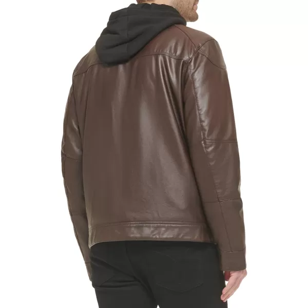 Calvin Klein Mens Faux Lamb Leather Moto Jacket with Removable Hood and BibBrown