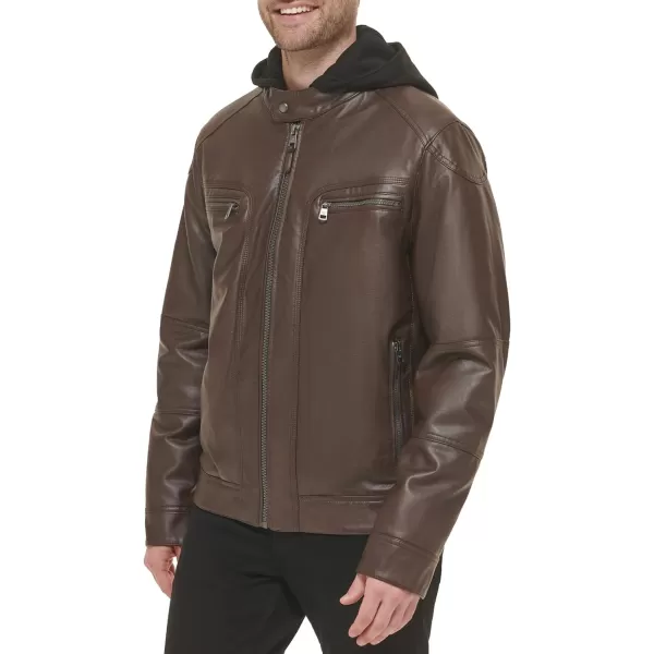 Calvin Klein Mens Faux Lamb Leather Moto Jacket with Removable Hood and BibBrown