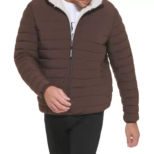 Calvin Klein Mens Hooded Down Jacket Quilted Coat Sherpa LinedBrown Camel