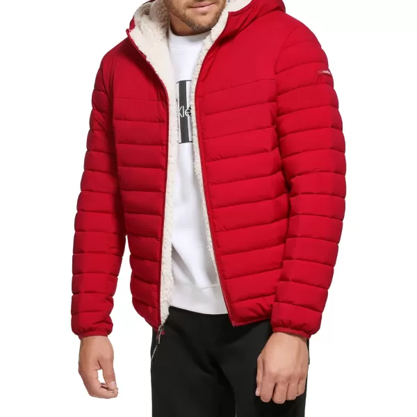 Calvin Klein Mens Hooded Down Jacket Quilted Coat Sherpa LinedDeep Red