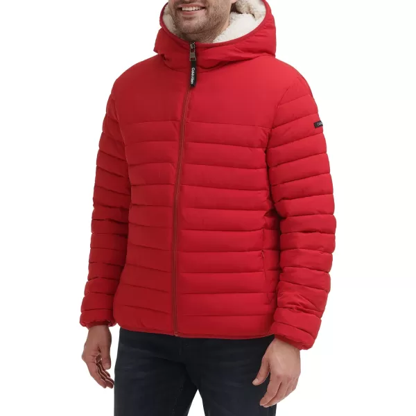 Calvin Klein Mens Hooded Down Jacket Quilted Coat Sherpa LinedDeep Red