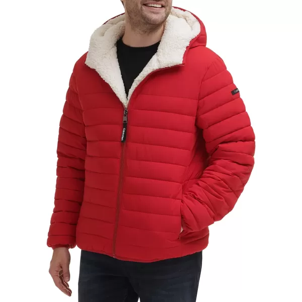 Calvin Klein Mens Hooded Down Jacket Quilted Coat Sherpa LinedDeep Red