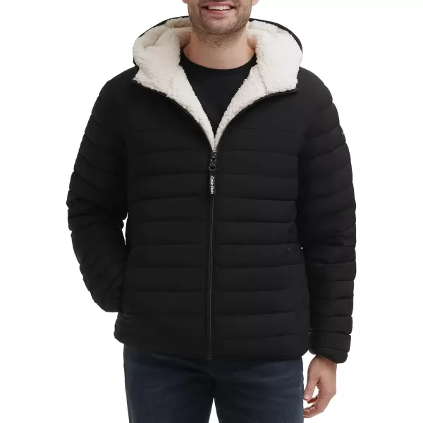 Calvin Klein Mens Hooded Down Jacket Quilted Coat Sherpa LinedEbony