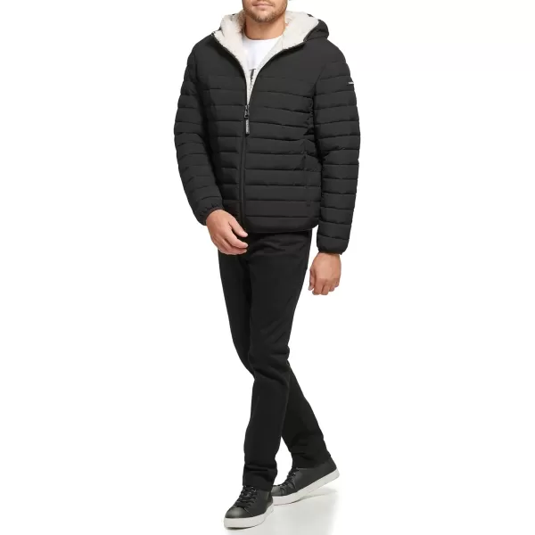 Calvin Klein Mens Hooded Down Jacket Quilted Coat Sherpa LinedEbony