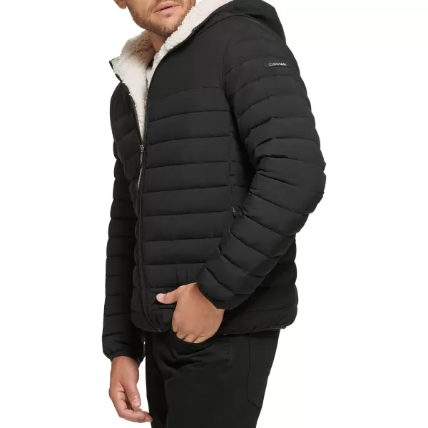 Calvin Klein Mens Hooded Down Jacket Quilted Coat Sherpa LinedEbony