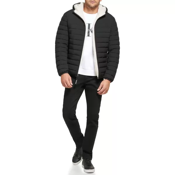 Calvin Klein Mens Hooded Down Jacket Quilted Coat Sherpa LinedEbony