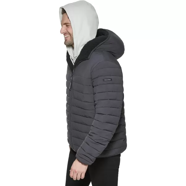 Calvin Klein Mens Hooded Down Jacket Quilted Coat Sherpa LinedIron