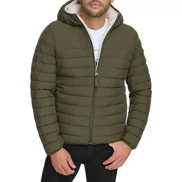 Calvin Klein Mens Hooded Down Jacket Quilted Coat Sherpa LinedOlive