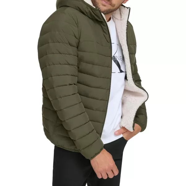 Calvin Klein Mens Hooded Down Jacket Quilted Coat Sherpa LinedOlive