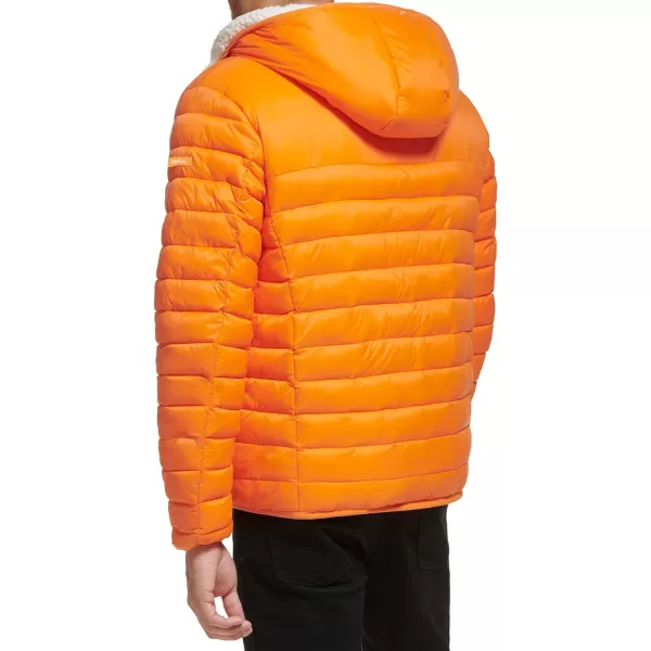 Calvin Klein Mens Hooded Down Jacket Quilted Coat Sherpa LinedOrange