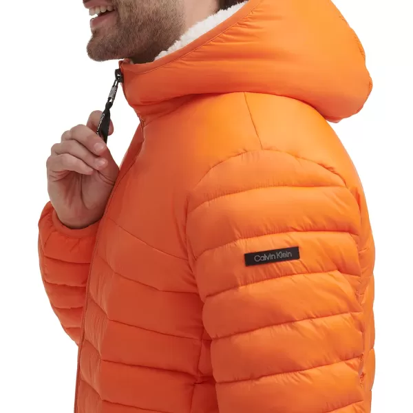 Calvin Klein Mens Hooded Down Jacket Quilted Coat Sherpa LinedOrange