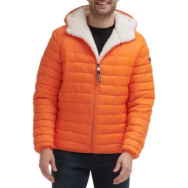 Calvin Klein Mens Hooded Down Jacket Quilted Coat Sherpa LinedOrange