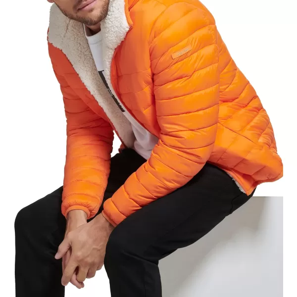 Calvin Klein Mens Hooded Down Jacket Quilted Coat Sherpa LinedOrange