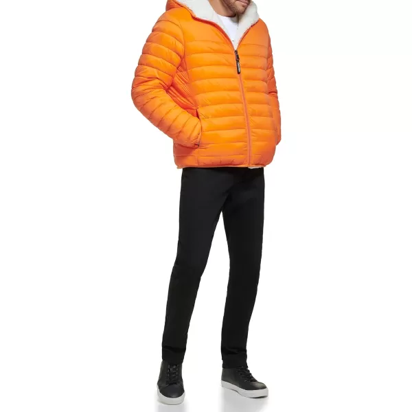 Calvin Klein Mens Hooded Down Jacket Quilted Coat Sherpa LinedOrange