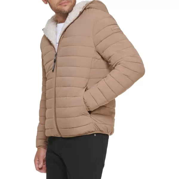 Calvin Klein Mens Hooded Down Jacket Quilted Coat Sherpa LinedTan