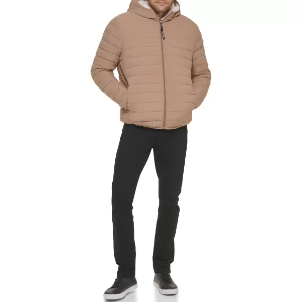 Calvin Klein Mens Hooded Down Jacket Quilted Coat Sherpa LinedTan