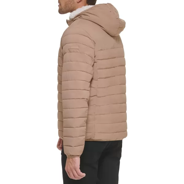 Calvin Klein Mens Hooded Down Jacket Quilted Coat Sherpa LinedTan