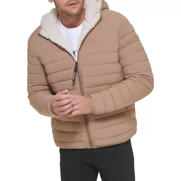 Calvin Klein Mens Hooded Down Jacket Quilted Coat Sherpa LinedTan