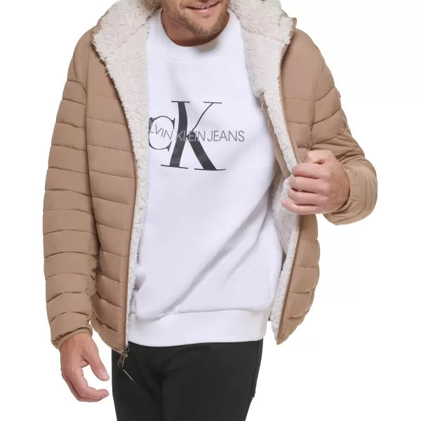 Calvin Klein Mens Hooded Down Jacket Quilted Coat Sherpa LinedTan