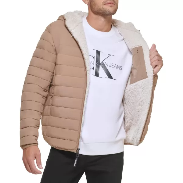 Calvin Klein Mens Hooded Down Jacket Quilted Coat Sherpa LinedTan