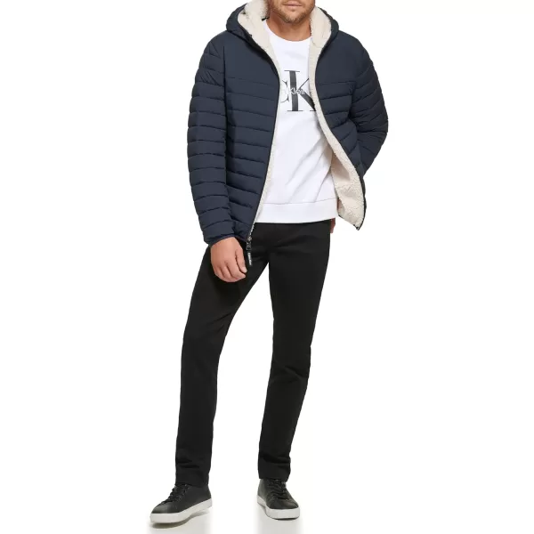 Calvin Klein Mens Hooded Down Jacket Quilted Coat Sherpa LinedTrue Navy