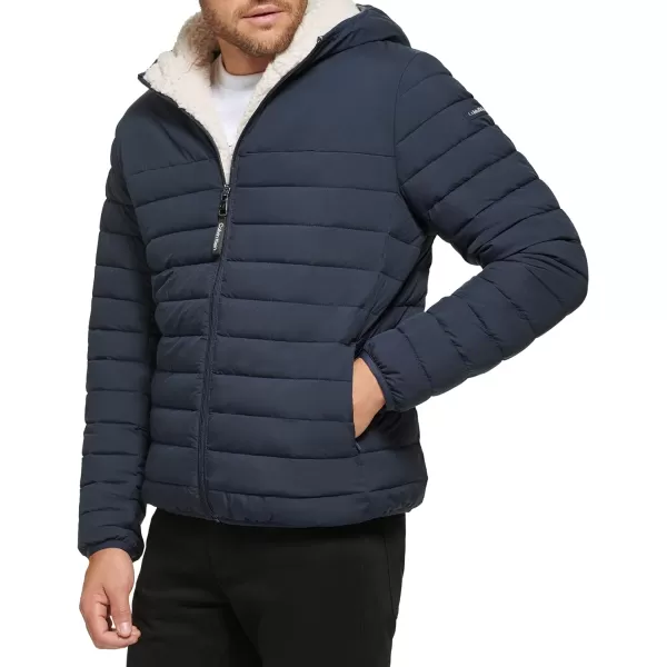 Calvin Klein Mens Hooded Down Jacket Quilted Coat Sherpa LinedTrue Navy
